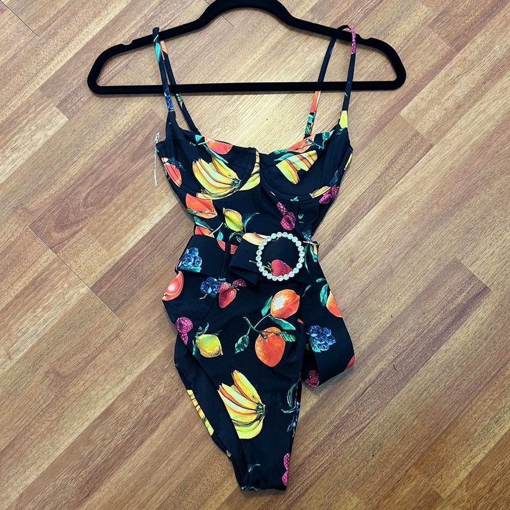 New We Wore What retro fruit print black one piece boho vacation swimsuit XS - Picture 11 of 12